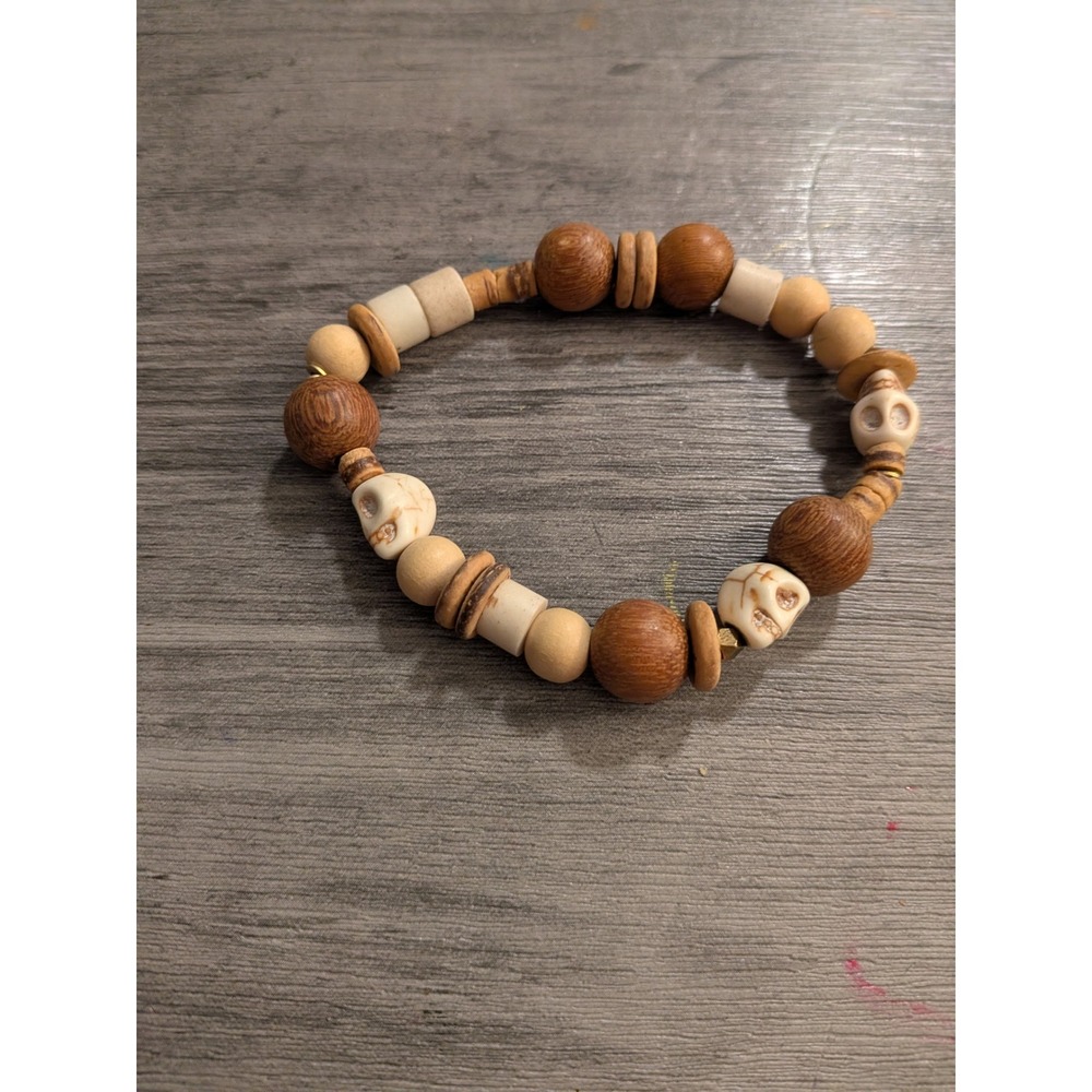 Unbranded Wood‎ Skull Beaded Stretch Bracelet Brown Cream Boho Tribal Gothic